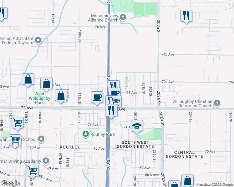 map of restaurants, bars, coffee shops, grocery stores, and more near 7299 200A Street in Langley