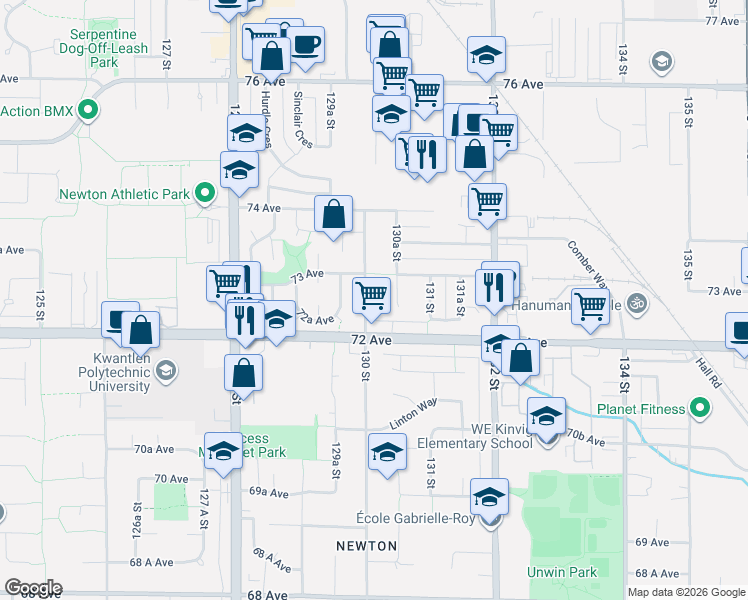 map of restaurants, bars, coffee shops, grocery stores, and more near 7258 130 Street in Surrey