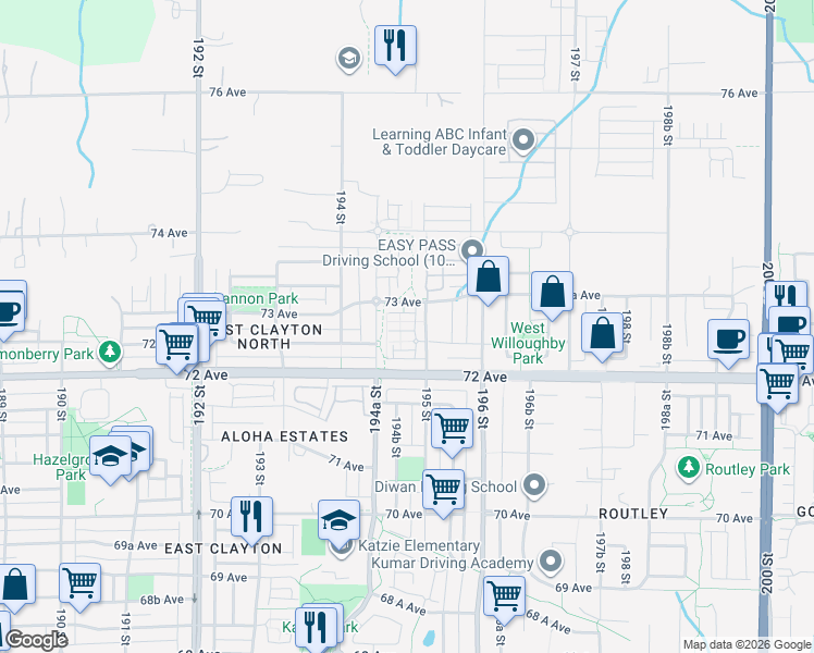 map of restaurants, bars, coffee shops, grocery stores, and more near 19477 72A Avenue in Surrey