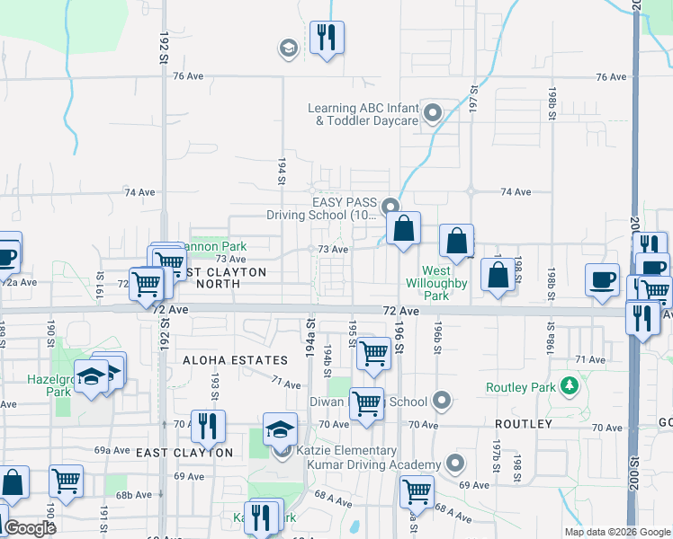 map of restaurants, bars, coffee shops, grocery stores, and more near 19477 72A Avenue in Langley
