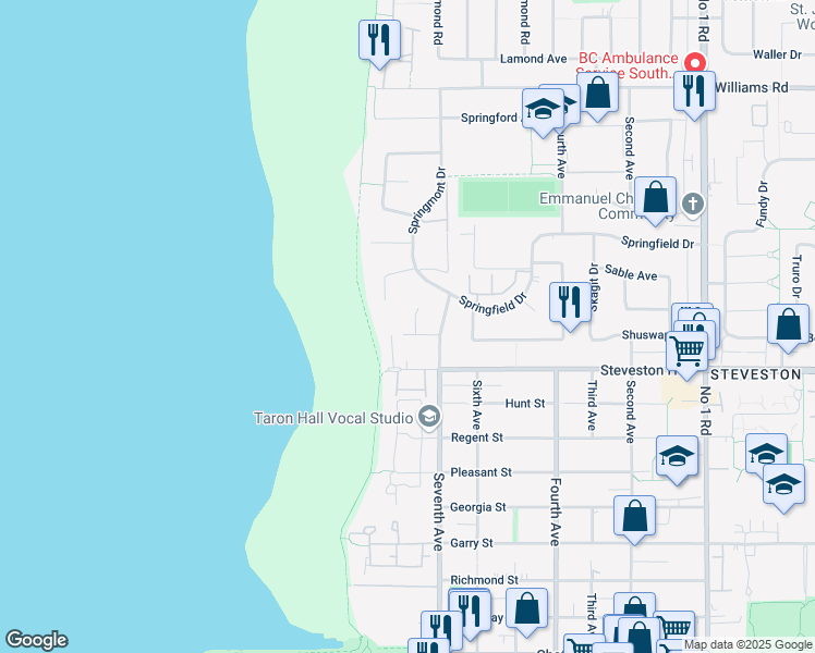map of restaurants, bars, coffee shops, grocery stores, and more near 10780 Springwood Crescent in Richmond