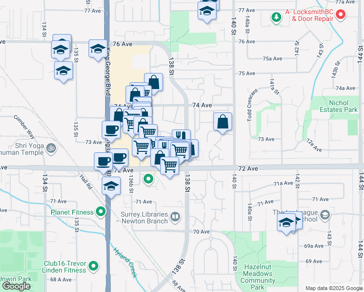 map of restaurants, bars, coffee shops, grocery stores, and more near 13771 72A Avenue in Surrey