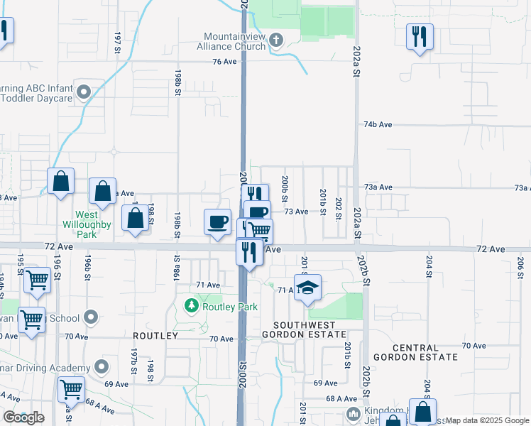 map of restaurants, bars, coffee shops, grocery stores, and more near 7299 200A Street in Langley