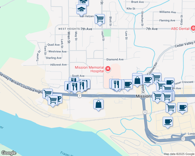 map of restaurants, bars, coffee shops, grocery stores, and more near 32168 Scott Avenue in Mission