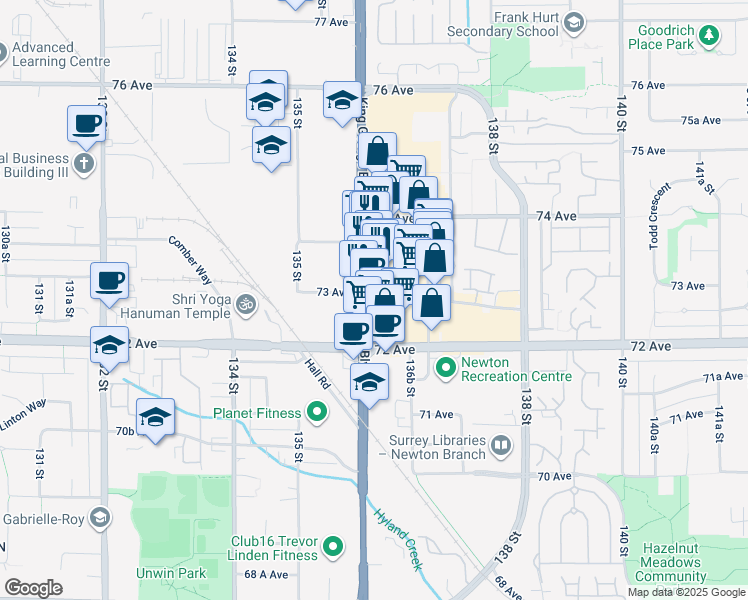 map of restaurants, bars, coffee shops, grocery stores, and more near 7288 King George Boulevard in Surrey