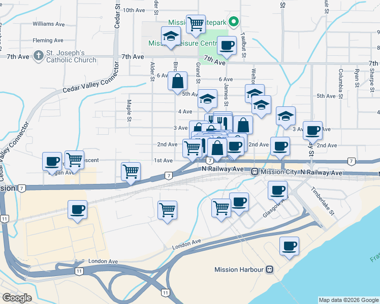 map of restaurants, bars, coffee shops, grocery stores, and more near 32980 2nd Avenue in Mission