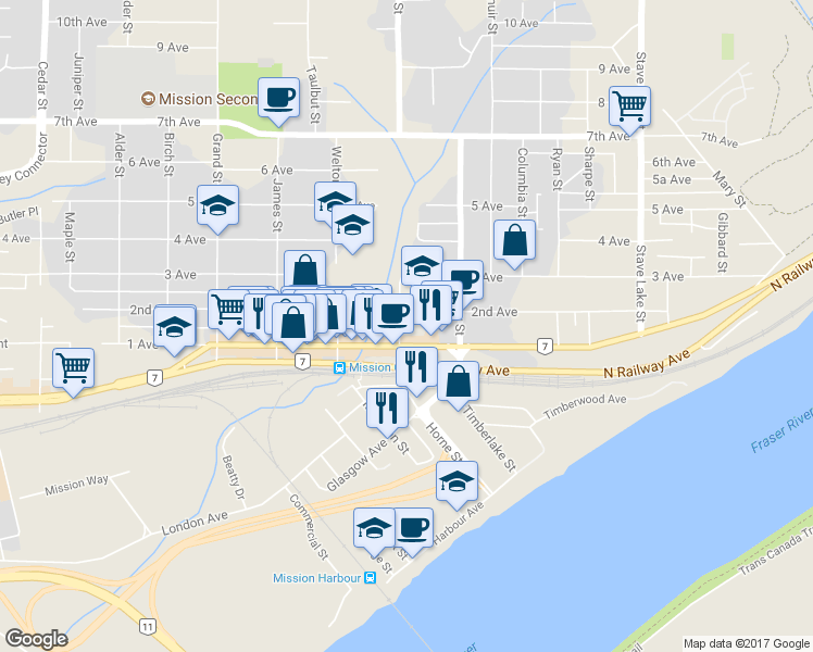 map of restaurants, bars, coffee shops, grocery stores, and more near 7330 Horne Street in Mission