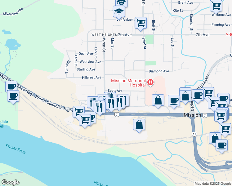 map of restaurants, bars, coffee shops, grocery stores, and more near 32054 Scott Avenue in Mission