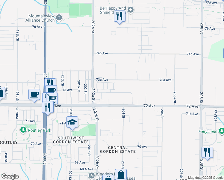 map of restaurants, bars, coffee shops, grocery stores, and more near 20327 72B Avenue in Langley