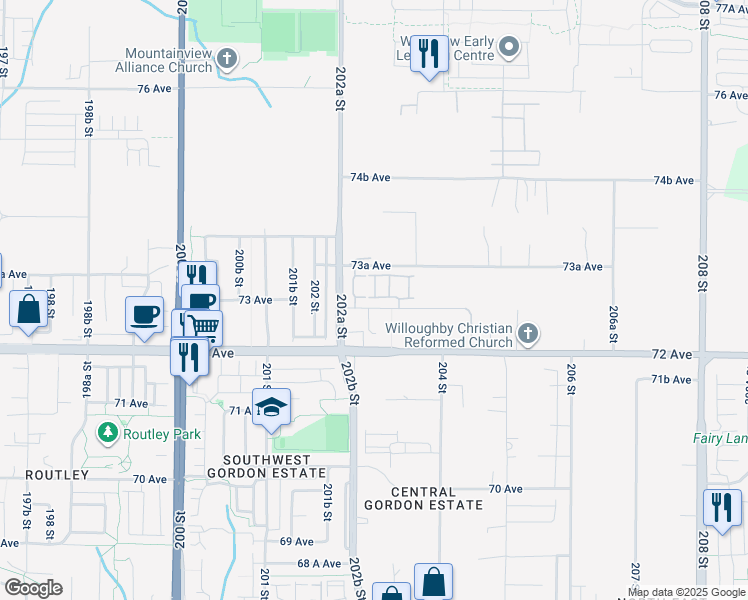 map of restaurants, bars, coffee shops, grocery stores, and more near 20327 72B Avenue in Langley Township