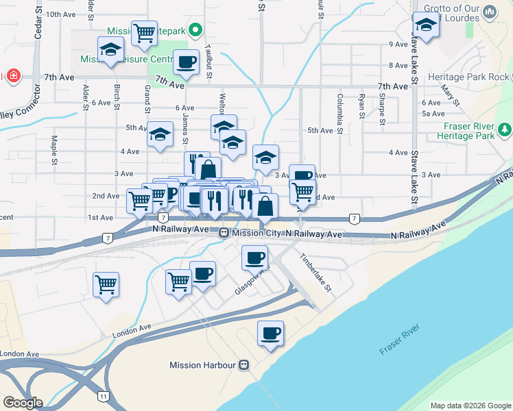 map of restaurants, bars, coffee shops, grocery stores, and more near 7375 Horne Street in Mission