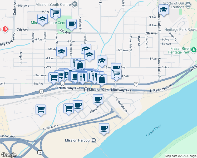 map of restaurants, bars, coffee shops, grocery stores, and more near 7375 Horne Street in Mission