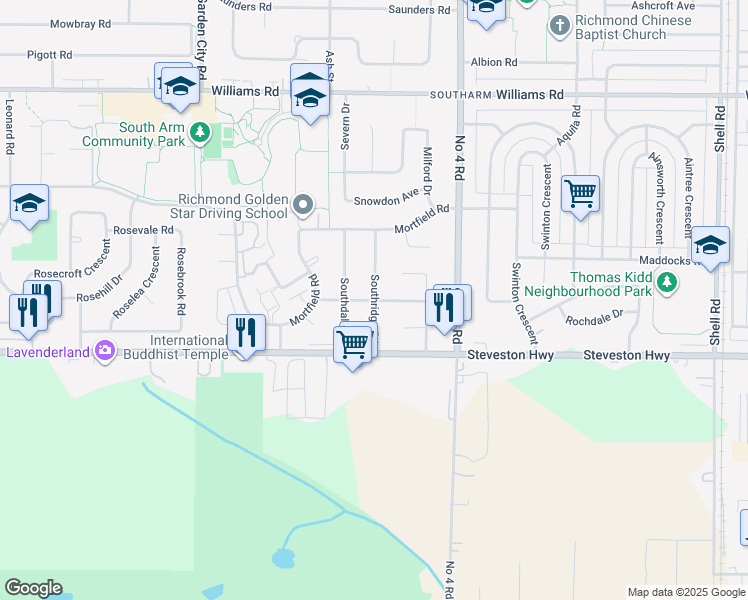 map of restaurants, bars, coffee shops, grocery stores, and more near Southridge Road in Richmond
