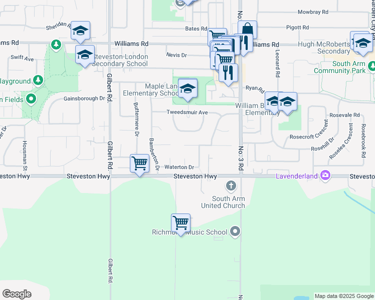 map of restaurants, bars, coffee shops, grocery stores, and more near 7580 Malahat Avenue in Richmond