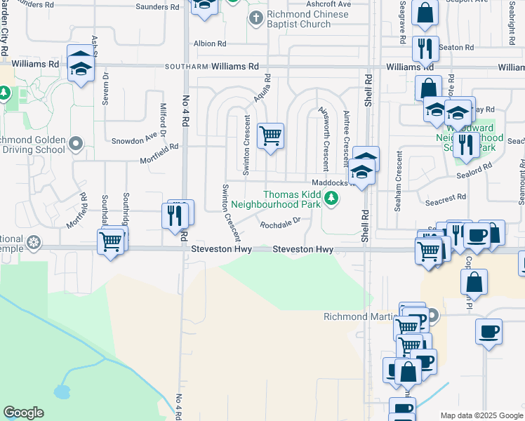 map of restaurants, bars, coffee shops, grocery stores, and more near 10751 Mersey Dr in Richmond