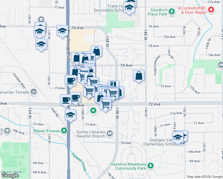map of restaurants, bars, coffee shops, grocery stores, and more near 13771 72A Avenue in Surrey