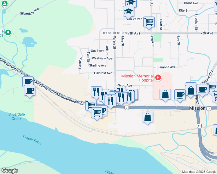 map of restaurants, bars, coffee shops, grocery stores, and more near 31961 Raven Avenue in Mission