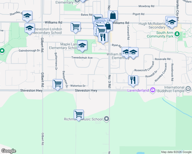 map of restaurants, bars, coffee shops, grocery stores, and more near 7720 Malahat Avenue in Richmond