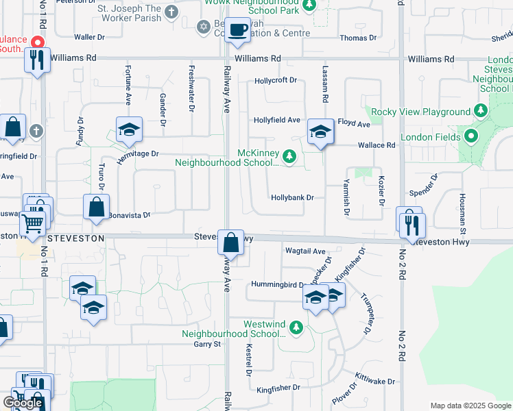 map of restaurants, bars, coffee shops, grocery stores, and more near 10580 Hollymount Drive in Richmond