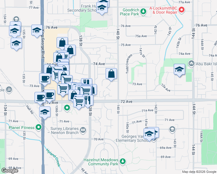 map of restaurants, bars, coffee shops, grocery stores, and more near in Surrey