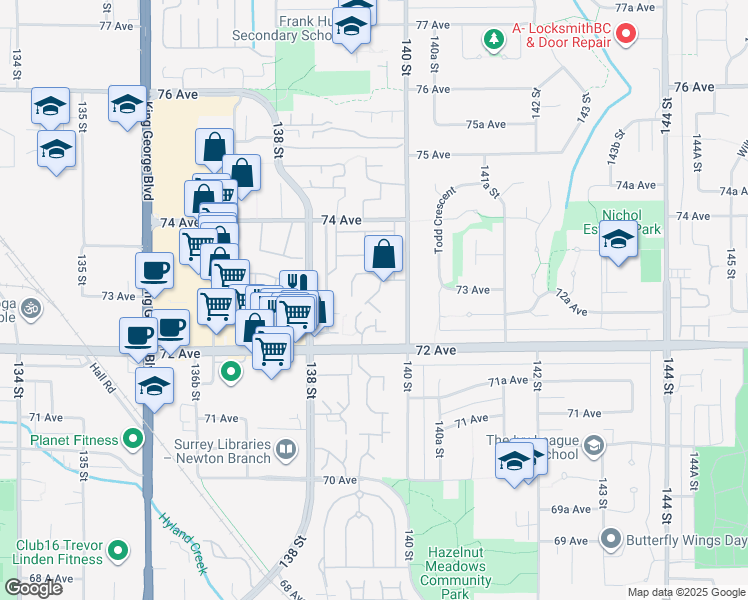 map of restaurants, bars, coffee shops, grocery stores, and more near 7261 140 Street in Surrey
