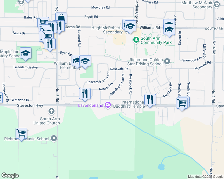 map of restaurants, bars, coffee shops, grocery stores, and more near 10851 Roselea Crescent in Richmond