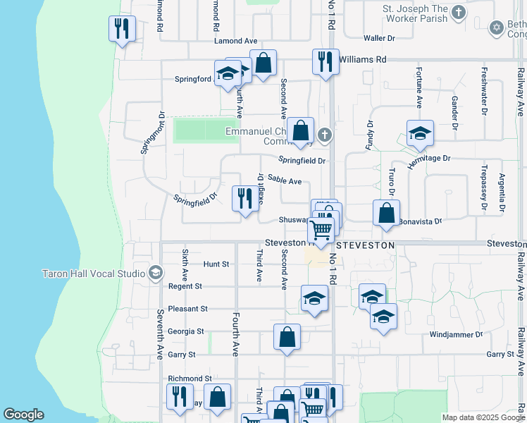 map of restaurants, bars, coffee shops, grocery stores, and more near 10640 Skagit Drive in Richmond