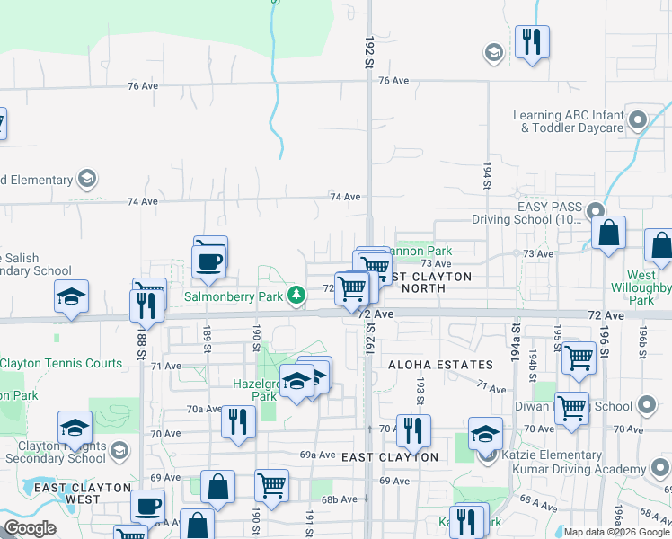 map of restaurants, bars, coffee shops, grocery stores, and more near 19162 73 Avenue in Surrey