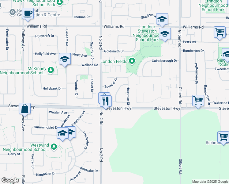 map of restaurants, bars, coffee shops, grocery stores, and more near 6280 Yeats Crescent in Richmond