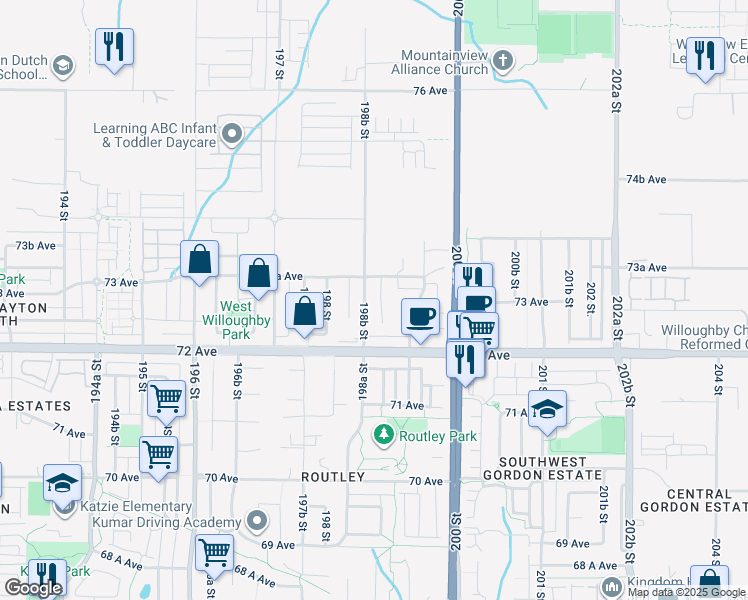 map of restaurants, bars, coffee shops, grocery stores, and more near 7297 199 Street in Langley