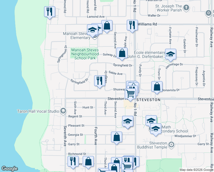 map of restaurants, bars, coffee shops, grocery stores, and more near 10640 Skagit Drive in Richmond
