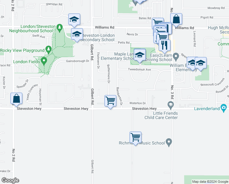 map of restaurants, bars, coffee shops, grocery stores, and more near 10791 Bamberton Drive in Richmond