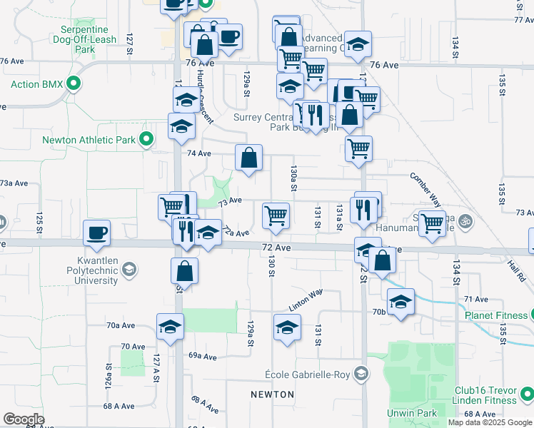 map of restaurants, bars, coffee shops, grocery stores, and more near 7273 130 Street in Surrey