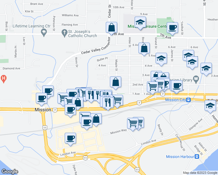 map of restaurants, bars, coffee shops, grocery stores, and more near 32810 2nd Avenue in Mission
