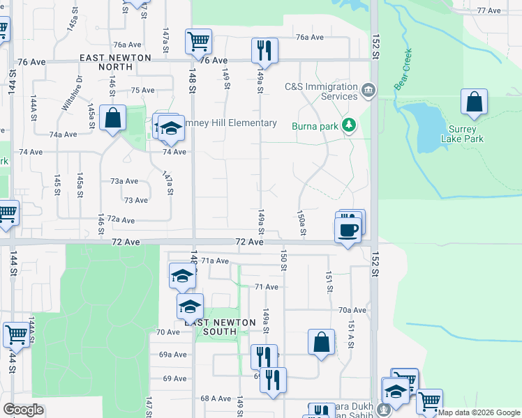 map of restaurants, bars, coffee shops, grocery stores, and more near 149A Street in Surrey