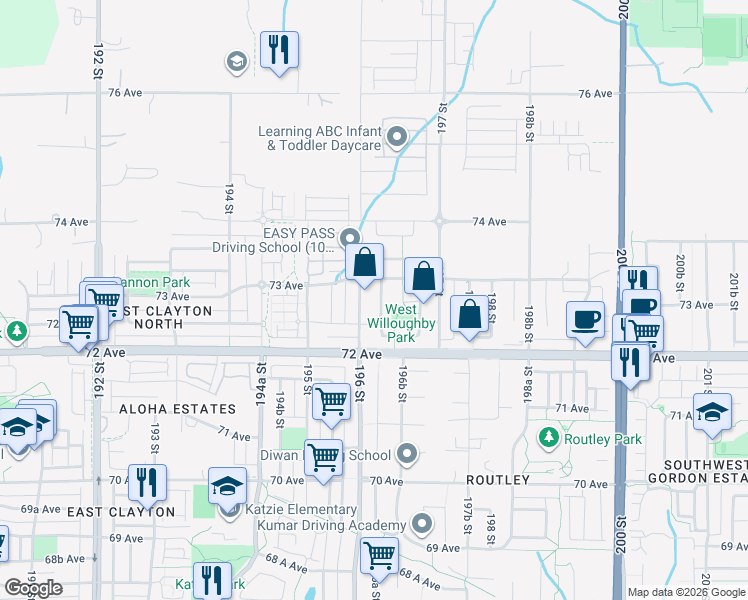map of restaurants, bars, coffee shops, grocery stores, and more near 7301 196A Street in Langley