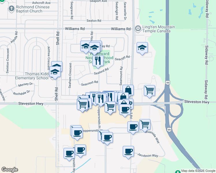 map of restaurants, bars, coffee shops, grocery stores, and more near 10631 Seahaven Drive in Richmond
