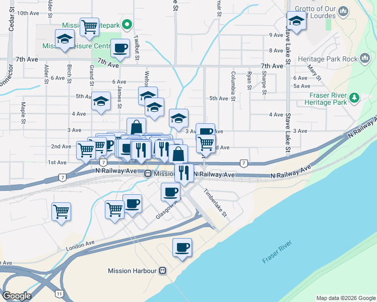 map of restaurants, bars, coffee shops, grocery stores, and more near 33344 2nd Avenue in Mission