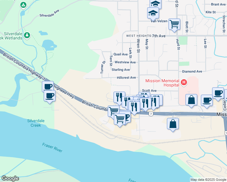 map of restaurants, bars, coffee shops, grocery stores, and more near in Mission