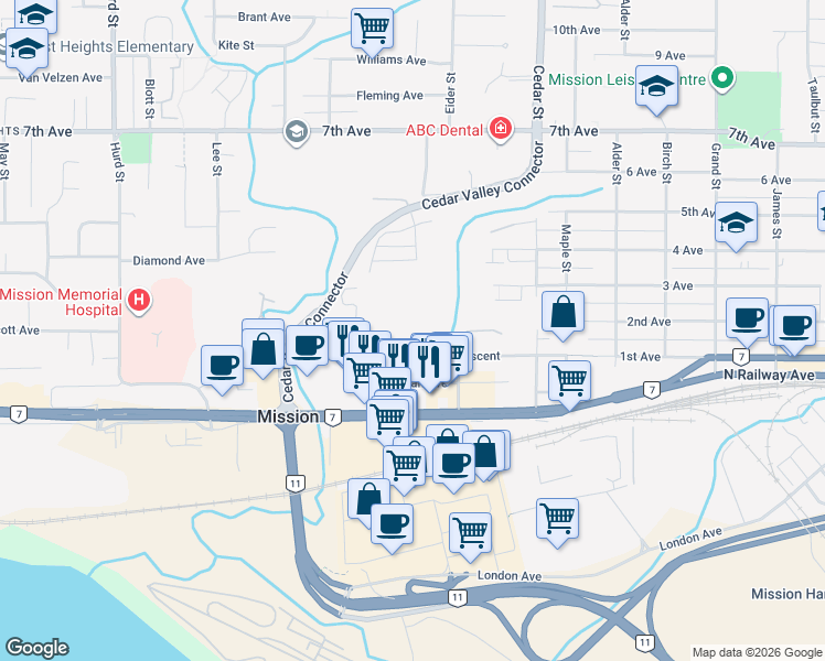 map of restaurants, bars, coffee shops, grocery stores, and more near 32539 Fraser Crescent in Mission