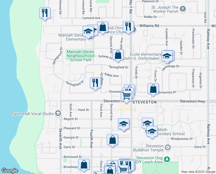 map of restaurants, bars, coffee shops, grocery stores, and more near 10571 Sceptre Crescent in Richmond
