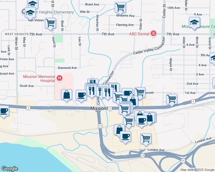 map of restaurants, bars, coffee shops, grocery stores, and more near 32501 Fraser Crescent in Mission