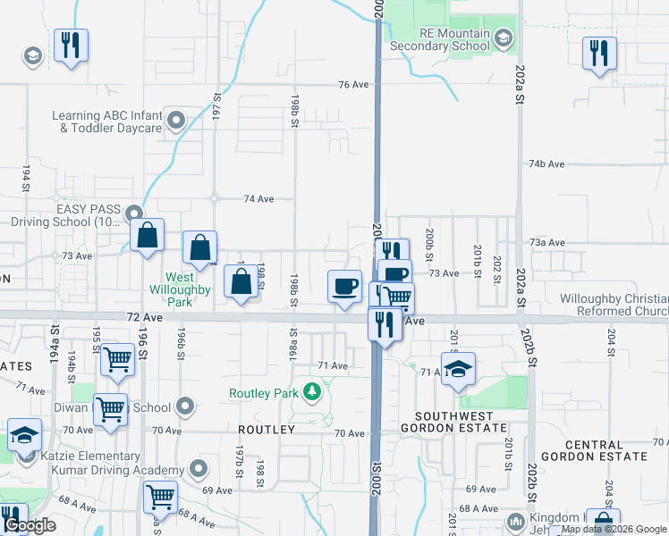 map of restaurants, bars, coffee shops, grocery stores, and more near 7298 199A Street in Langley