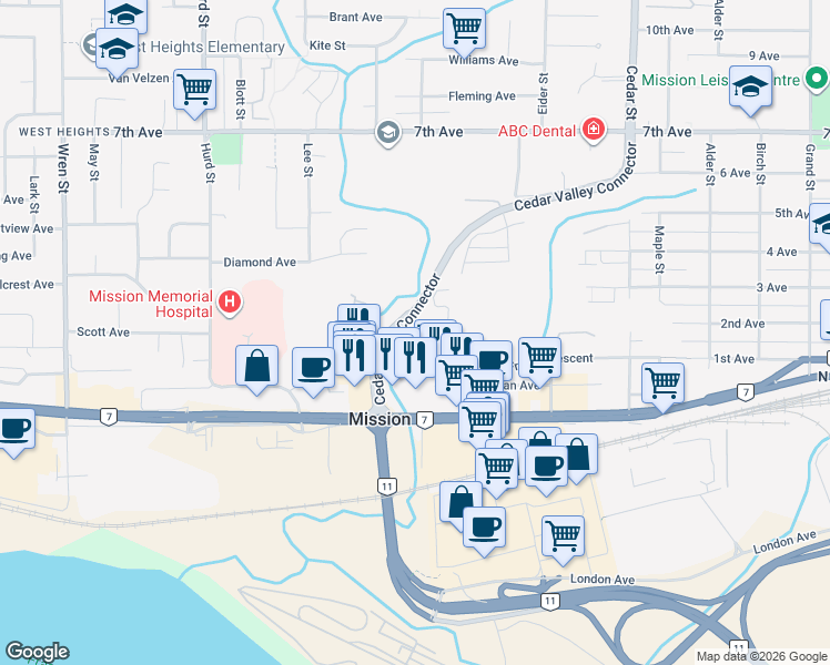 map of restaurants, bars, coffee shops, grocery stores, and more near 32501 Fraser Crescent in Mission