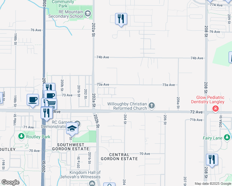map of restaurants, bars, coffee shops, grocery stores, and more near 20327 72B Avenue in Langley Township