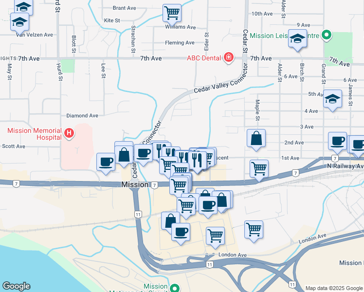 map of restaurants, bars, coffee shops, grocery stores, and more near 32607 Fraser Crescent in Mission