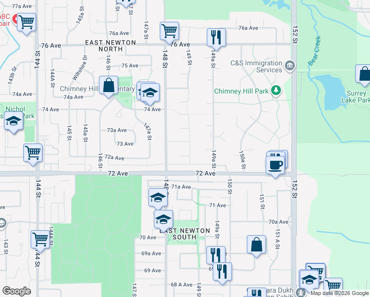 map of restaurants, bars, coffee shops, grocery stores, and more near 7273 149 Street in Surrey