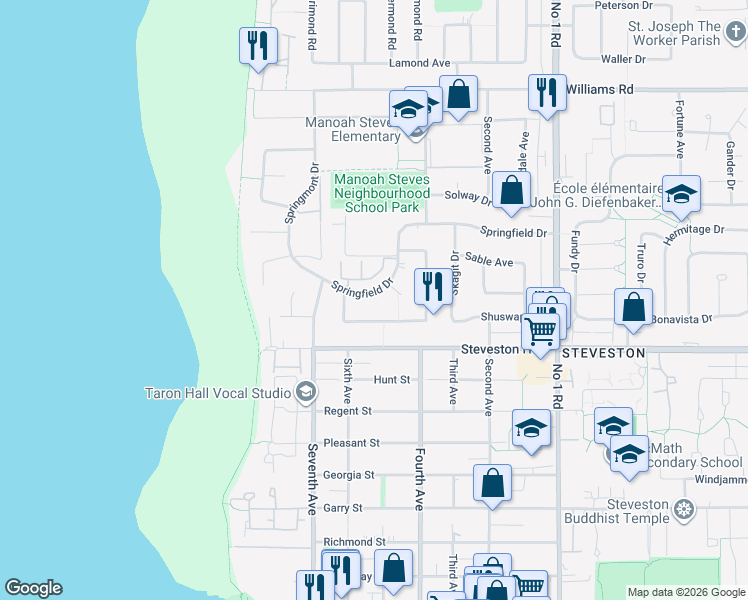 map of restaurants, bars, coffee shops, grocery stores, and more near 3140 Springfield Drive in Richmond