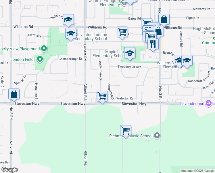 map of restaurants, bars, coffee shops, grocery stores, and more near 10791 Bamberton Drive in Richmond