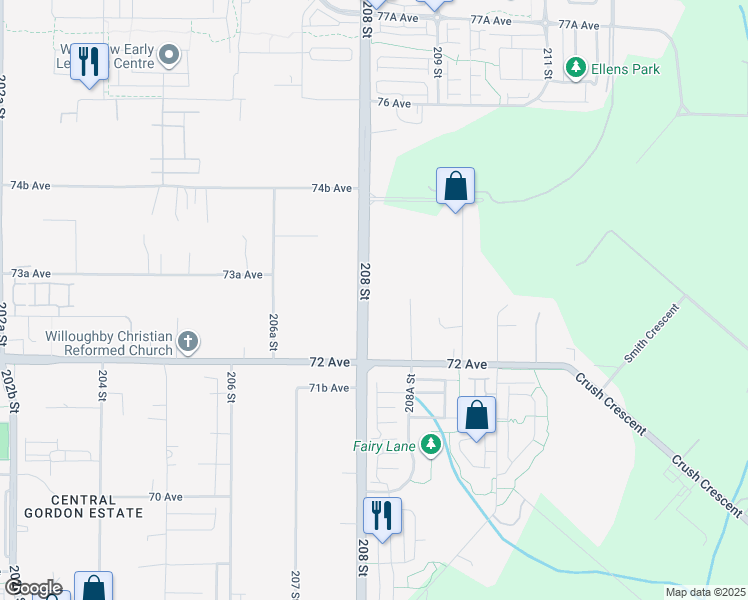 map of restaurants, bars, coffee shops, grocery stores, and more near 7290 208 Street in Langley